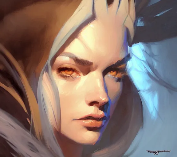 Prompt: greg manchess portrait painting of beautiful mage, d & d, fantasy, medium shot, asymmetrical, intricate, elegant, matte painting, illustration, hearthstone, by greg rutkowski, by greg tocchini, by james gilleard, by joe fenton, dynamic lighting, gradient light blue, brown, blonde cream and white color scheme, grunge aesthetic