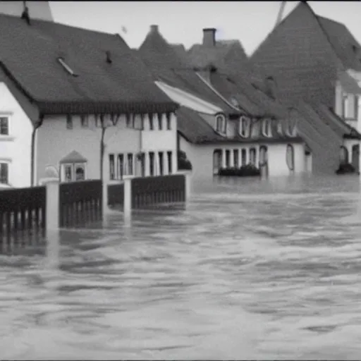 Prompt: VHS footage of a small german town being flooded