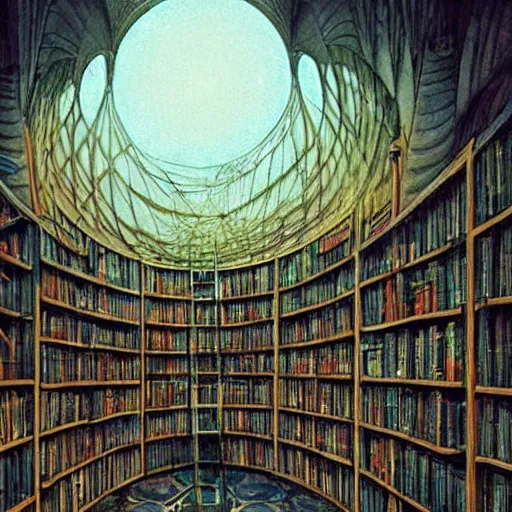 Prompt: borges infinite library, endless rows of books, geometric architecture, painting by brain froud, charles vess, cinematic lighting, epic composition, highly detailed