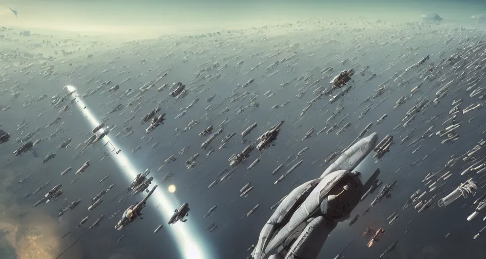 Prompt: a hundred passenger spaceships in formation migrating in outer space away from a dry brown planet, dutch angle from space view, concept art, high detail, intimidating, epic scale ultrawide angle, stunning, epic, great migration, cinematic, Artstation trending, octane render, hyperrealistic, Cryengine 8k UHD