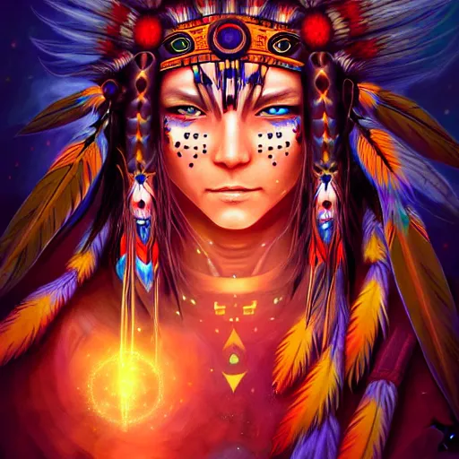 Image similar to : native american shamen fantasy, fantasy magic, anime native, anime, cosmos, cosmic, intricate, sharp focus, illustration, highly detailed, digital painting, concept art, matte, jahbu art and paul lewin masterpiece