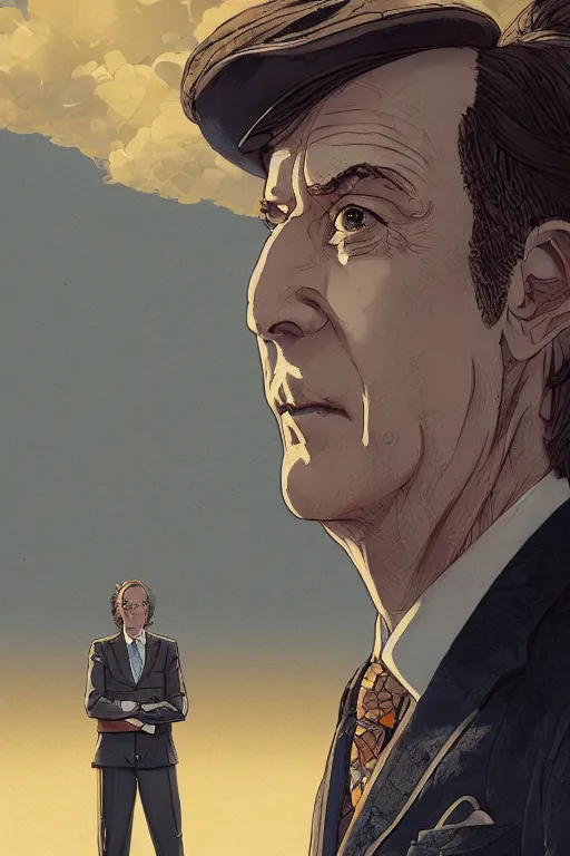 Image similar to portrait of saul goodman, high intricate details, rule of thirds, golden ratio, cinematic light, 8 k, octane render, anime style, graphic novel by fiona staples and dustin nguyen, art by beaststars and orange, peter elson, alan bean, studio ghibli, makoto shinkai