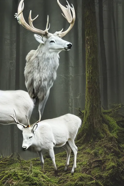 Image similar to king of the forest, a white stag, beautiful, fantasy, hyper realistic, dramatic lighting, 8k