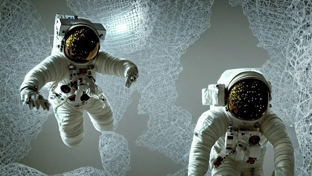 Image similar to a single astronaut eva suit made of diamond 3d fractal lace iridescent bubble 3d skin and covered with insectoid compound eye camera lenses floats through the living room, film still from the movie directed by Denis Villeneuve with art direction by Salvador Dalí, wide lens,