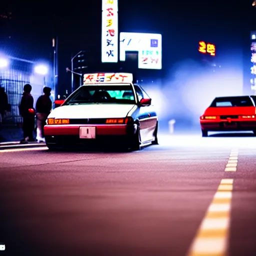 Image similar to a car JZX100 at illegal car meet, Shibuya prefecture, city midnight mist, cinematic color, photorealistic, highly detailed, 200MM