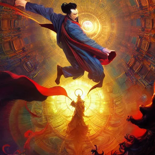 Image similar to the third first image on the scattered absurdity server, dr strange and dr seuss, very pretty, photorealistic, portal hopping and time warping with reckless abandon, highly detailed painting by gaston bussiere, craig mullins, j. c. leyendecker