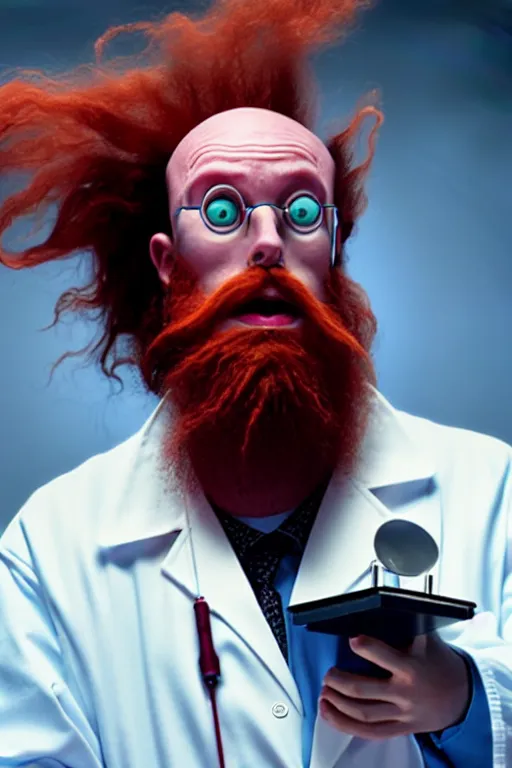 Image similar to an awkwardly tall scientist with 3 eyes and a tangled beard and unruly red hair atop his balding head wearing a labcoat and holding a beaker, high resolution film still, movie by Ivan Reitman