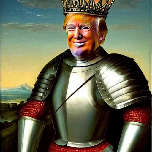 Image similar to full - body - front - shot!!!!!!!!!!!!, donald trump wearing knight'armor, crown, renaissance painting of a knight, detailed face of donald trump