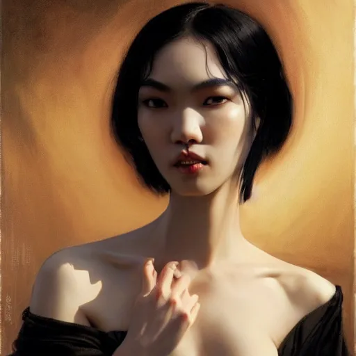 Image similar to detailed cinematic wide shot of beautiful attractive tao okamoto asian vampire woman wearing black bath robe slim face symettrical face clean skin black eyes black robe smooth, sharp focus, ultra realistic, spring light, painting by gaston bussiere, craig mullins, j. c. leyendecker