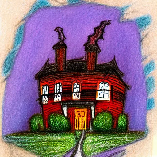 Image similar to pastels drawing of a haunted house, crazy colors, colorful, scary, cartoonish