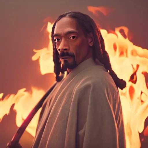 Image similar to cinematic film still of Snoop Dogg starring as a Samurai holding fire, Japanese CGI, VFX, 2022, 40mm lens, shallow depth of field, film photography