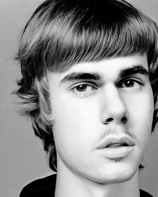 Image similar to a portrait of a 1 9 6 0 s hippie looking like justin bieber