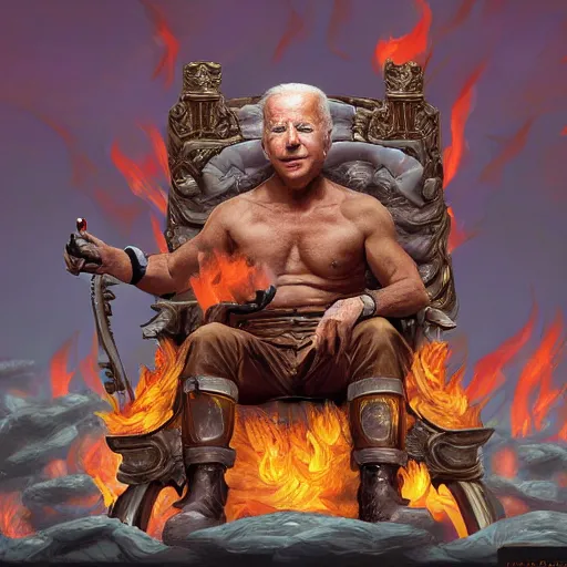 Image similar to Joe Biden sitting on a throne of skulls surrounded by fire, digital painting, highly detailed, trending on Artstation