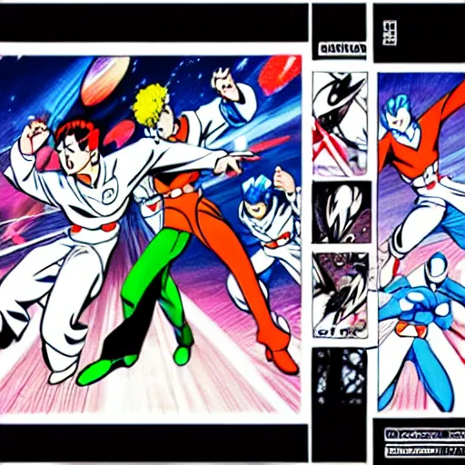 Prompt: action pose page layout, art by osamu tezuka, art by yoshitaka amano, white suits, space soldiers, anime style