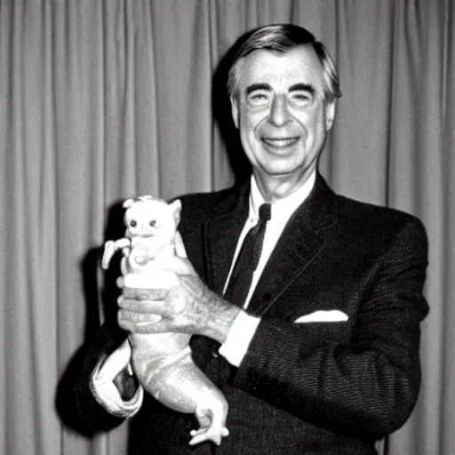 Prompt: mr. rogers proudly displaying a pint - sized slimy flesh demon. 1 9 7 0 s studio photo.