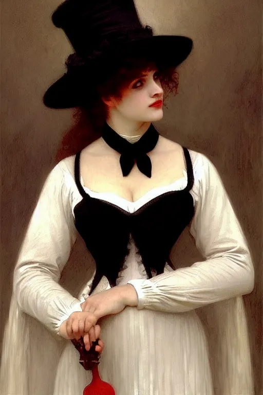 Prompt: victorian vampire in a big hat, white dress, painting by rossetti bouguereau, detailed art, artstation