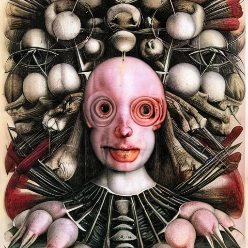 Prompt: post - album cover, asymmetrical design, off white frame around, new age, apocalypse, psychedelic, black white pink, magic, giger h. r., giuseppe arcimboldo