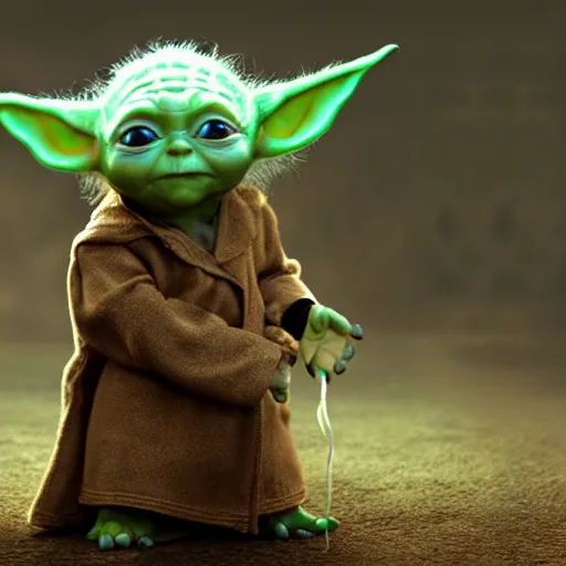 Image similar to full body pose, hyperrealistic photograph of baby yoda dressed as a wizard, dim volumetric lighting, 8 k, octane beautifully detailed render, extremely hyper detailed, intricate, epic composition, cinematic lighting, masterpiece, trending on artstation, very very detailed, stunning, hdr, smooth, sharp focus, high resolution, award, winning photo, dslr, 5 0 mm