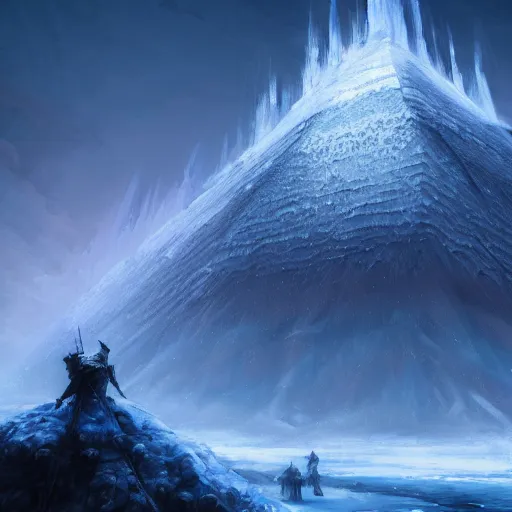 Image similar to digital painting of a frozen ice covered volcano, style of dark souls III, concept art, high angle, high detail, cold lighting, dark, vivid, beautiful, trending on artstation, by Jordan grimmer, no focus, huge scene, terrain visible