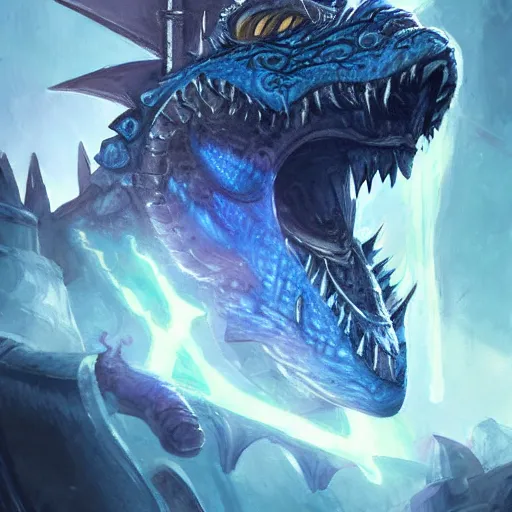 Image similar to blue scaled dragonborn paladin lightning spewing from his mouth on a pirate ship d & d, fantasy, highly detailed, headshot, digital painting, trending on artstation, concept art, sharp focus, illustration, art by artgerm and greg rutkowski and magali villeneuve