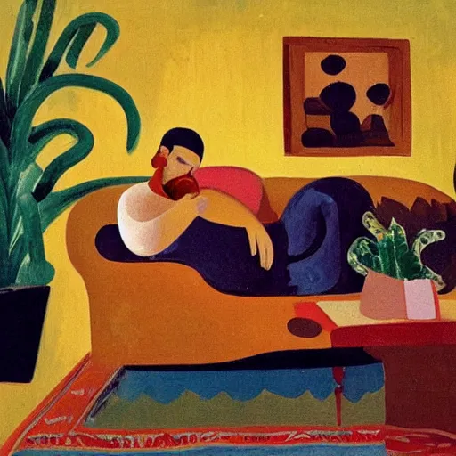 Image similar to A cozy, warm living room, bathed in golden light, with many tropical plants and succulents, a figure is resting on an old couch, by André Derain