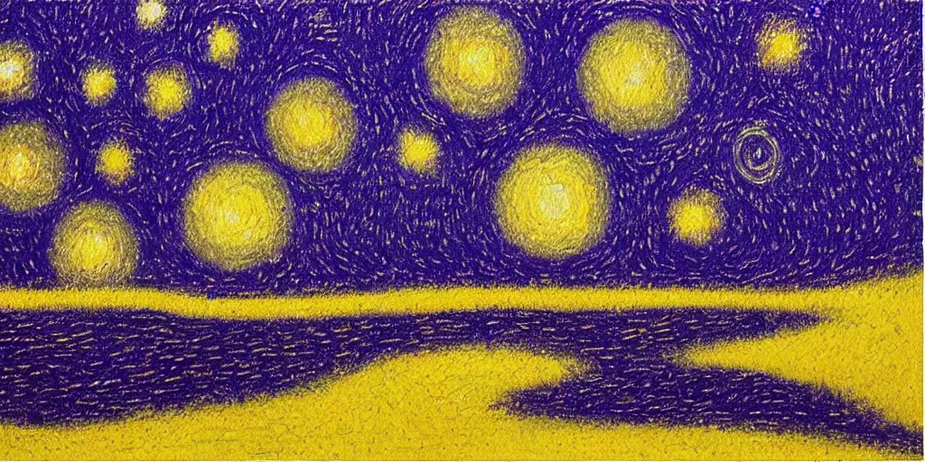 Prompt: starry night, oil painting, yellow and purple scheme, by Georges Seurat