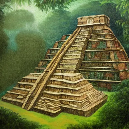 Image similar to mayan ruins in the middle of an overgrown jungle, in the style of remedios varo, photorealistic