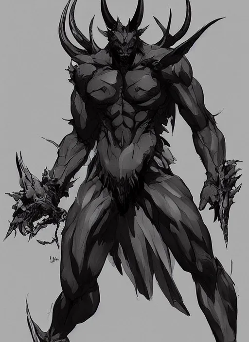 Image similar to Full body portrait of horned shadow bear spirit with sharp claws. In style of Yoji Shinkawa and Hyung-tae Kim, trending on ArtStation, dark fantasy, great composition, concept art, highly detailed.