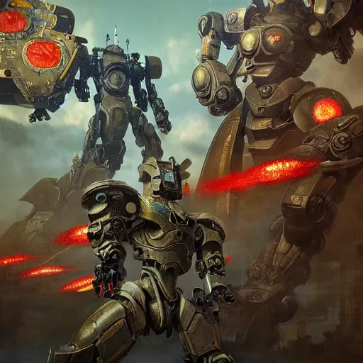 Image similar to pacific rim robots standing in a battlefield, steam punk, 70's sci-fi, extremely detailed digital painting, in the style of Fenghua Zhong and Ruan Jia and Jermy lipking and peter mohrbacher, mystic colors, highly detailed, deep aesthetic, 8k, highly ornate intricate details, cinematic lighting, rich colors, digital artwork, ray tracing, hyperrealistic, photorealistic, cinematic landscape, trending on artstation,