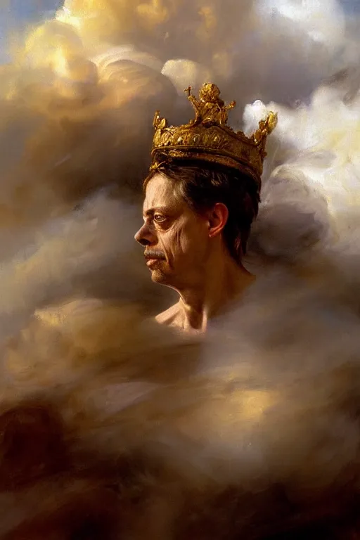 Image similar to beautiful detailed expressive impressionistic oil painting portrait of ancient roman god emperor steve buscemi ascending into the clouds wearing the civic crown, renaissance painting, art by anders zorn, wonderful masterpiece by greg rutkowski, expressive brush strokes, beautiful cinematic light, american romanticism by greg manchess, jessica rossier