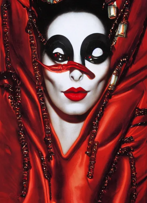 Image similar to an 8 0 s portrait of a woman with dark eye - shadow and red lips with dark slicked back hair, a mask made of wire and beads, dreaming acid - fueled hallucinations, hallucination psychedelic by serge lutens, rolf armstrong, delphin enjolras, peter elson, red cloth background, frilled puffy collar