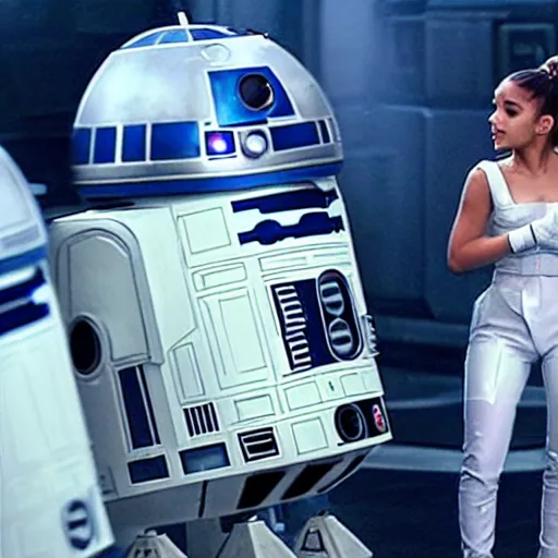 Image similar to a still of Ariana Grande with R2-D2 in a stars wars film