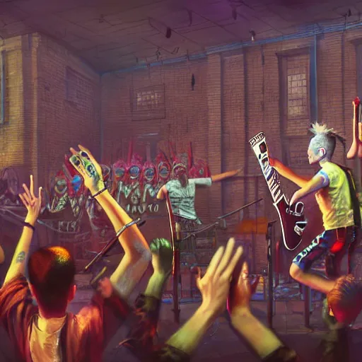 Image similar to 4 punks in school uniform with mohawks stand on stage with guitars and drums and microphones and yell day, foreground fight of ravers and punks, by marc simonetti, tyler edlin, deviantart, ray tracing, octane render, digital art, realistic, high quality, 8 k