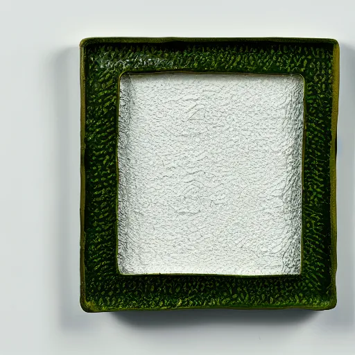 Prompt: a ceramic sculpture of some kind of plant in a square frame on a white surface with a white wall behind it and a green plant in the center