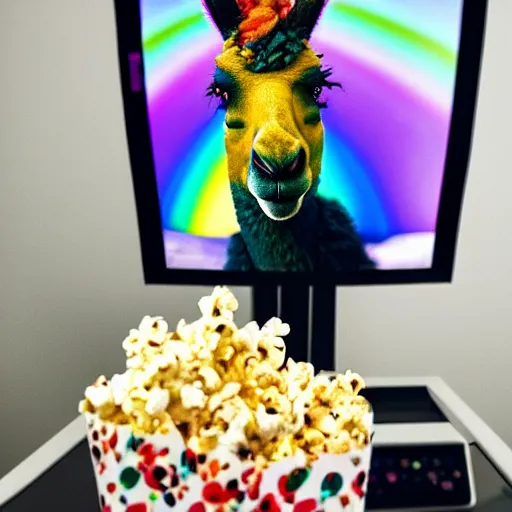 Prompt: photo of a rainbow llama eating popcorn and watching tv