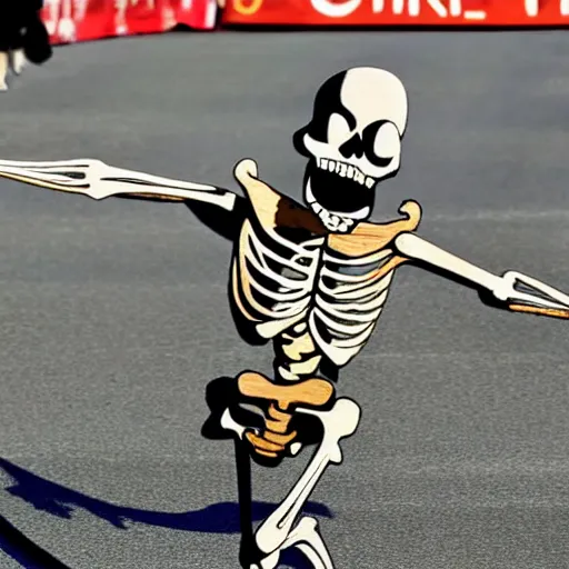 Prompt: A cartoon skeleton crossing the finish to win a marathon, award winning photograph, associated press photo, dynamic pose, 8k, award-winning