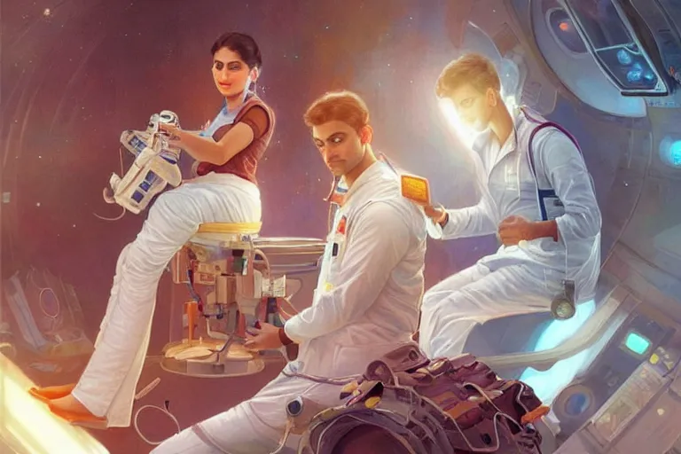 Image similar to Exhausted good looking pale young Indian doctors wearing jeans in a space station above Earth performing surgery, portrait, elegant, intricate, retrofuturistic digital painting, artstation, concept art, smooth, sharp focus, illustration, art by artgerm and greg rutkowski and alphonse mucha