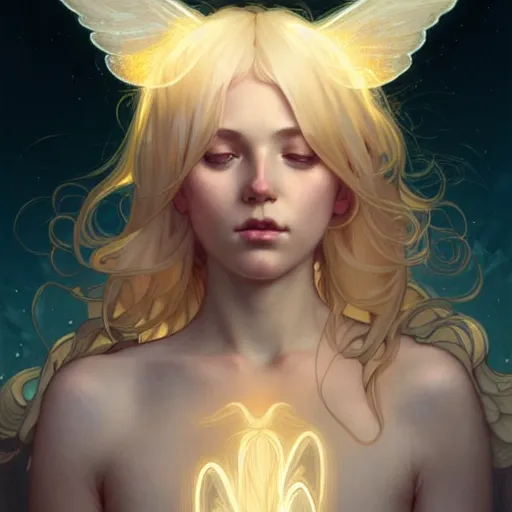 Image similar to Portrait of a girl angel with blonde hair, cat ears, glowing halo, wings, fantasy, intricate, elegant, highly detailed, digital painting, artstation, concept art, smooth, sharp focus, illustration, art by Krenz Cushart and Artem Demura and alphonse mucha