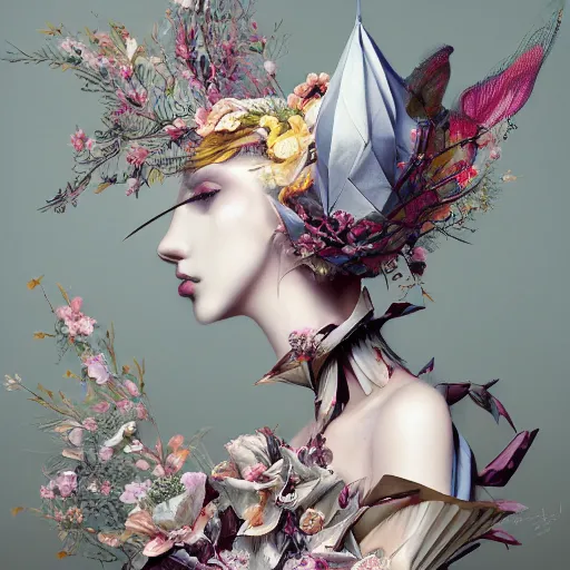 Prompt: 3 / 4 view of a beautiful girl wearing an origami dress, eye - level medium shot, fine floral ornaments in cloth and hair, hummingbirds, elegant, by eiko ishioka, givenchy, tyler edlin, by peter mohrbacher, centered, fresh colors, origami, fashion, detailed illustration, vogue, japanese, reallusion character creator