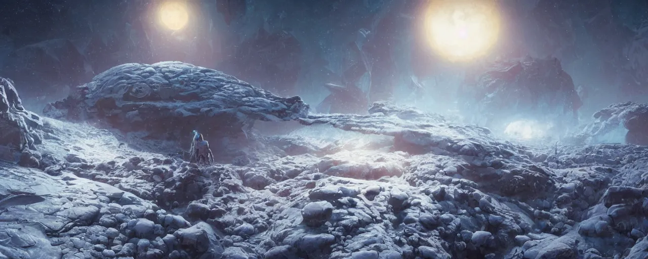 Image similar to lone explorer outer planet covered with ice, art by paul lehr, cinematic, detailed, epic, widescreen, opening, establishing, matte painting, photorealistic, realistic textures, octane render