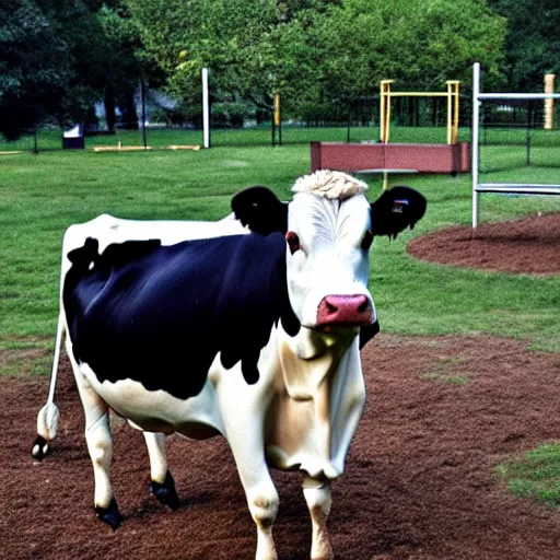 Prompt: cow on the playground, photo