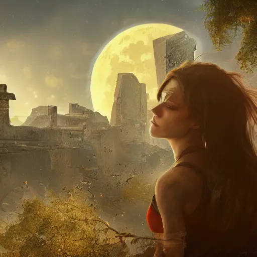 Image similar to A beautiful picture of a suicidal girl against the background of ruins of a destroyed city and a yellow -red moon, artstation, extremely detailed, stunning volumetric lighting, hyper realism, fantasy 4k