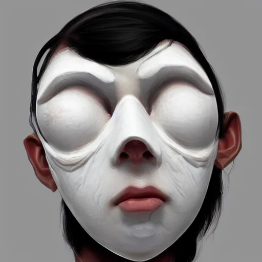 Image similar to mask sad expression, closed eyes, white, highly detailed, sharp focus, artstation, digital painting