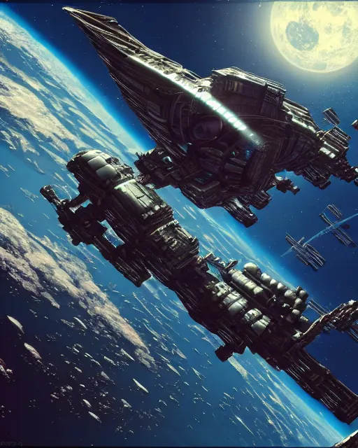 Image similar to a detailed space cruiser in orbit above a planet, detailed render, post - processing, extremely hyperdetailed, intricate, epic composition, cybernetics, 4 k realistic, cryengine, realistic shaded lighting, sharp focus, masterpiece, detailed eyes by matteo scalera, gary montalbano, peter elson in the style of the tokyo ghost comic