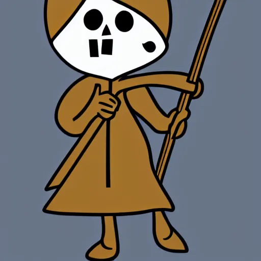 Image similar to cute cartoon drawing of a grim reaper with childish proportions holding a scythe, big head, big eyes, skull head