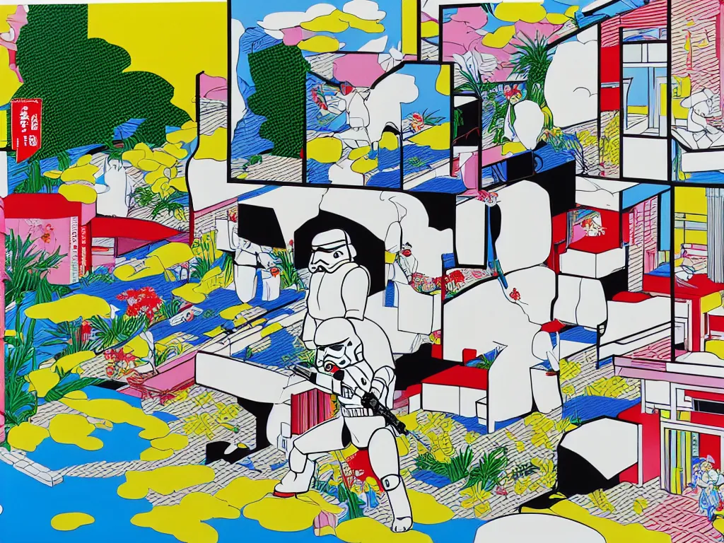 Prompt: hyperrealistic composition of the japanese home with a garden, stormtrooper in hot springs, pop - art style, jacky tsai style, andy warhol style, roy lichtenstein style, pastel palette, acrylic on canvas