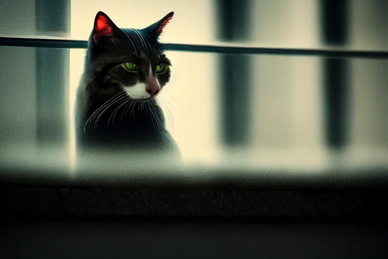 Image similar to vfx film closeup, cat on a window ledge, flat color profile low - key lighting award winning photography arri alexa cinematography, hyper real photorealistic cinematic, atmospheric cool colorgrade