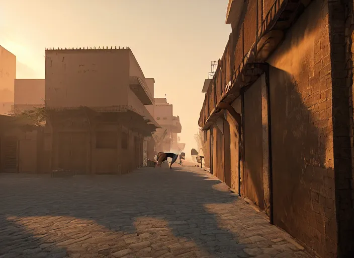 Image similar to old jeddah city alley, roshan, old shops, horse, magical time gate to another dimension, a man wearing a white robe standing watching over, dramatic lighting, dawn, by caspar david friedrich, unreal engine 5