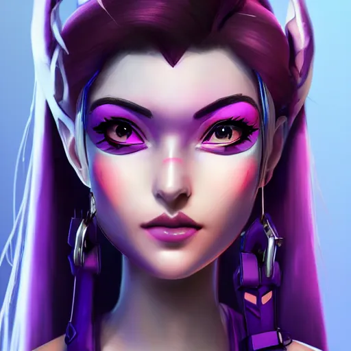 Prompt: widowmaker from overwatch as a young princess with purple skin, shiny eyes, lipgloss, portrait, closeup, cute freckles, dramatic soft lighting, gloss effects, and exaggerated proportions, digital art by julia razumova and mel milton, trending on artstation, 4 k high quality