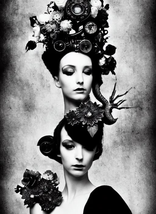 Image similar to a black and white high quality dreamy photo of a young beautiful female queen-pale dragon-vegetal-many big steampunk flowers-cyborg bust with a very long neck, elegant, highly detailed, poetic, soft, dreamy, mysterious, high fashion, in the style of Diane Arbus, Realistic, Refined, Digital Art, Highly Detailed, Cinematic Lighting, rim light, black and white, photo-realistic, 8K